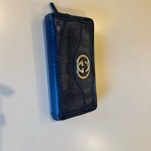 Gucci Blue Leather Wallet with Gold Emblem
